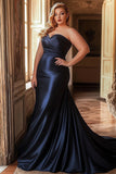 Satin Mermaid Strapless Navy Plus Size Prom Dress