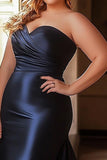 Satin Mermaid Strapless Navy Plus Size Prom Dress