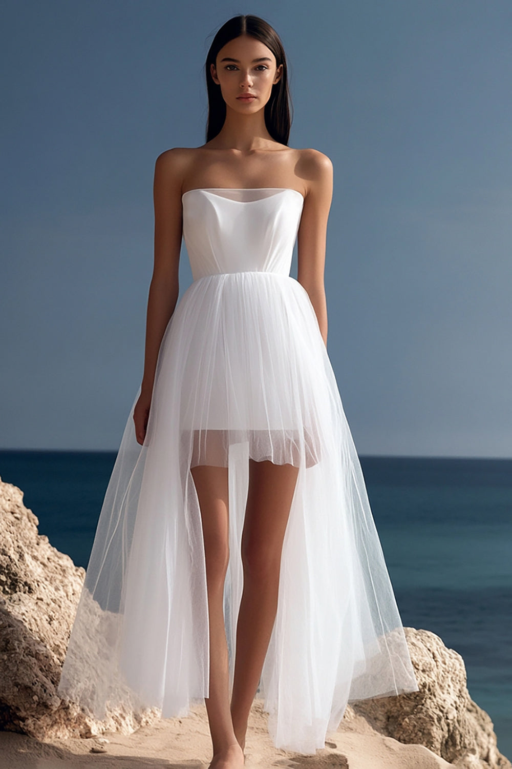White A Line Strapless Tulle Wedding Dress