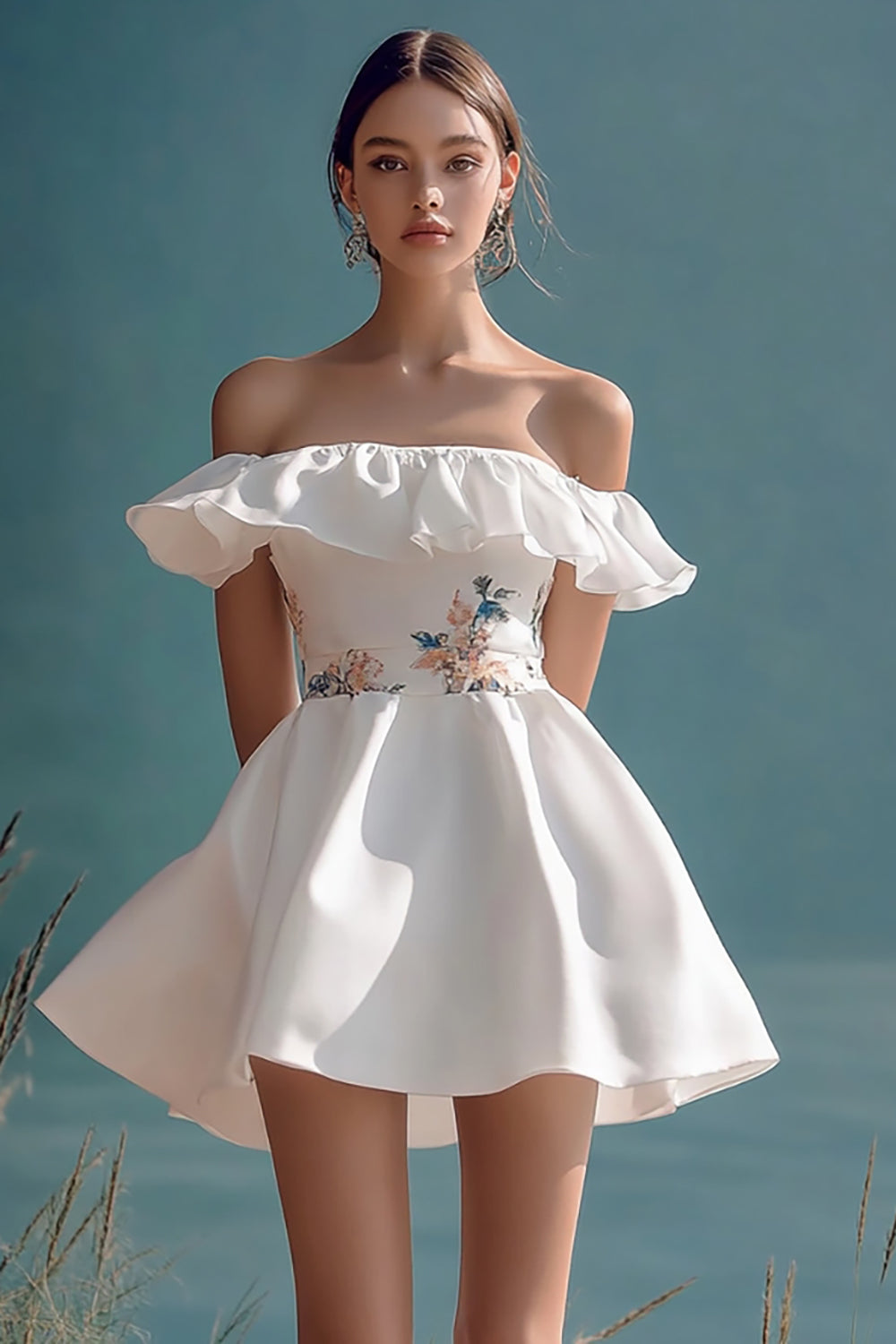 Off The Shoulder White A Line Graduation Dress