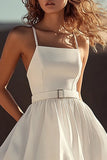 White Spaghetti Straps A Line Mini Dress With Belts