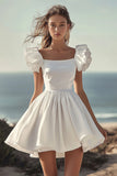 White Puff Sleeve A Line Satin Graduation Dress