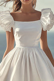 White Puff Sleeve A Line Satin Graduation Dress
