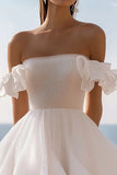 Glitter White Off The Shoulder A Line Graduation Dress