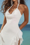 White Halter Ruffled Asymmetrical Party Dress