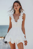 White Ruffled V-Neck A Line Chiffon Mini Dress
