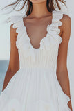 White Ruffled V-Neck A Line Chiffon Mini Dress
