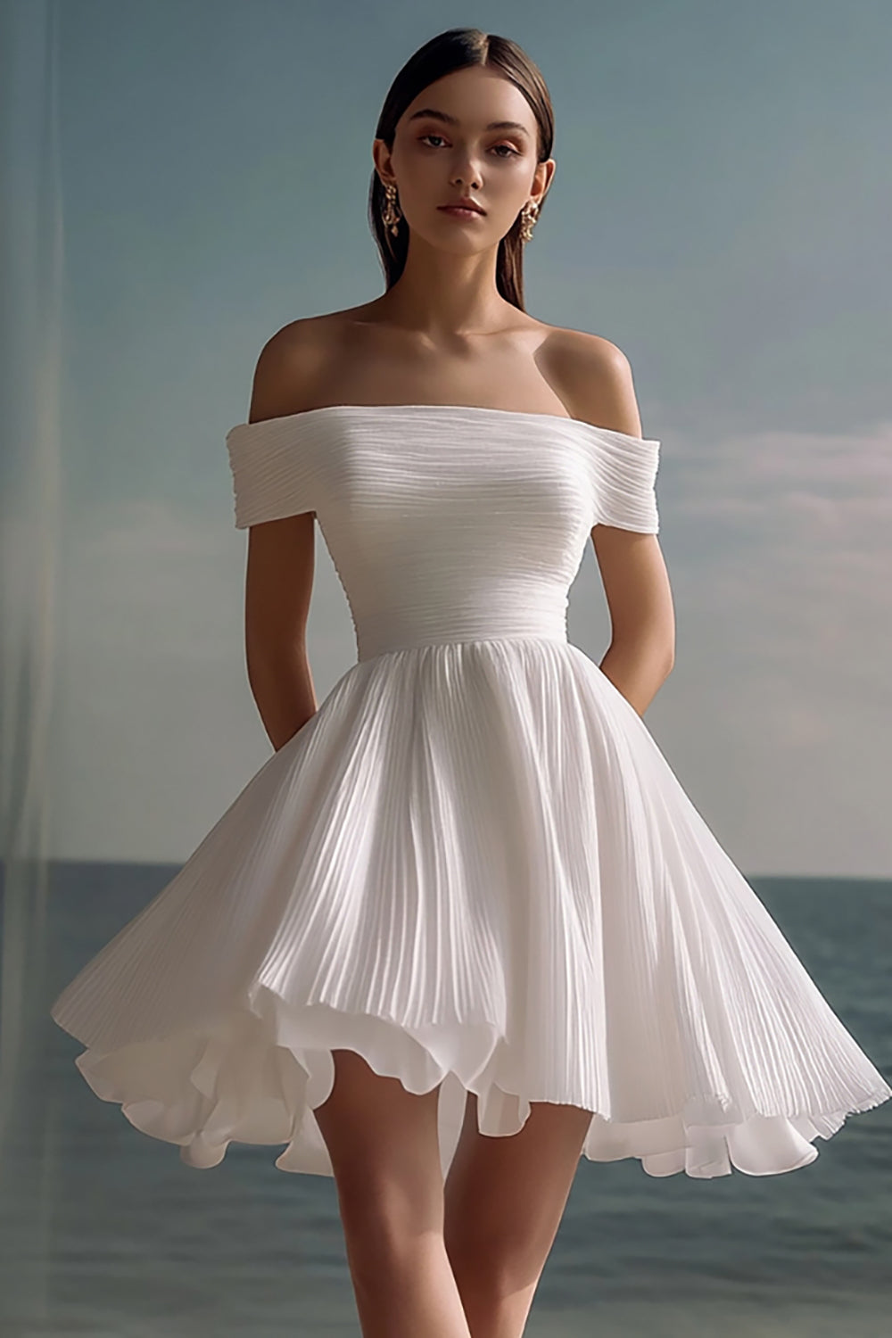 Off The Shoulder A Line Chiffon White Graduation Dress