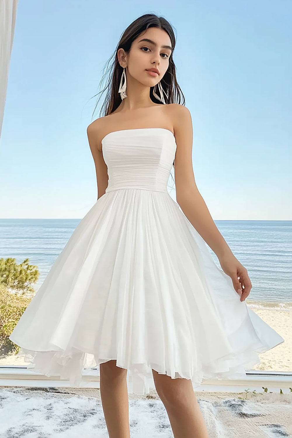 White A Line Pleated Strapless Graduation Dress