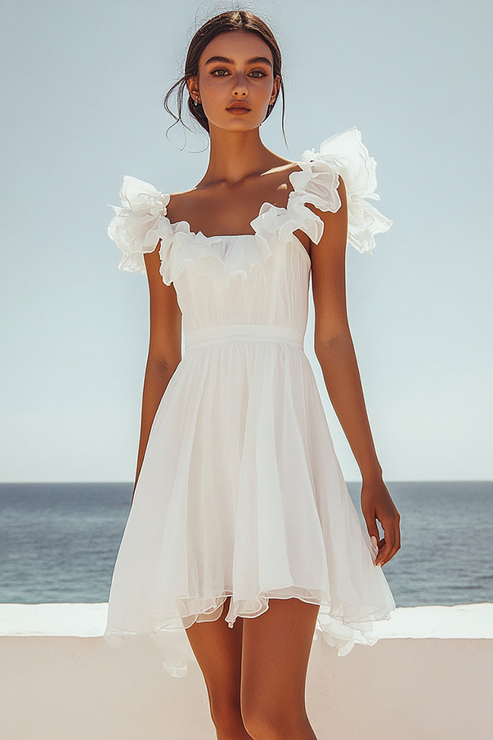 White Ruffle A Line Chiffon Graduation Dress