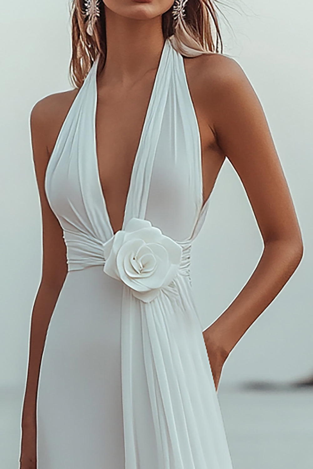 White V-Neck A Line Engagement Dress With 3D Flowers