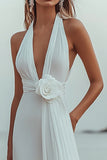 White V-Neck A Line Engagement Dress With 3D Flowers