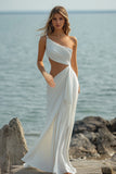 One Shoulder Cut Out Chiffon White Engagement Dress