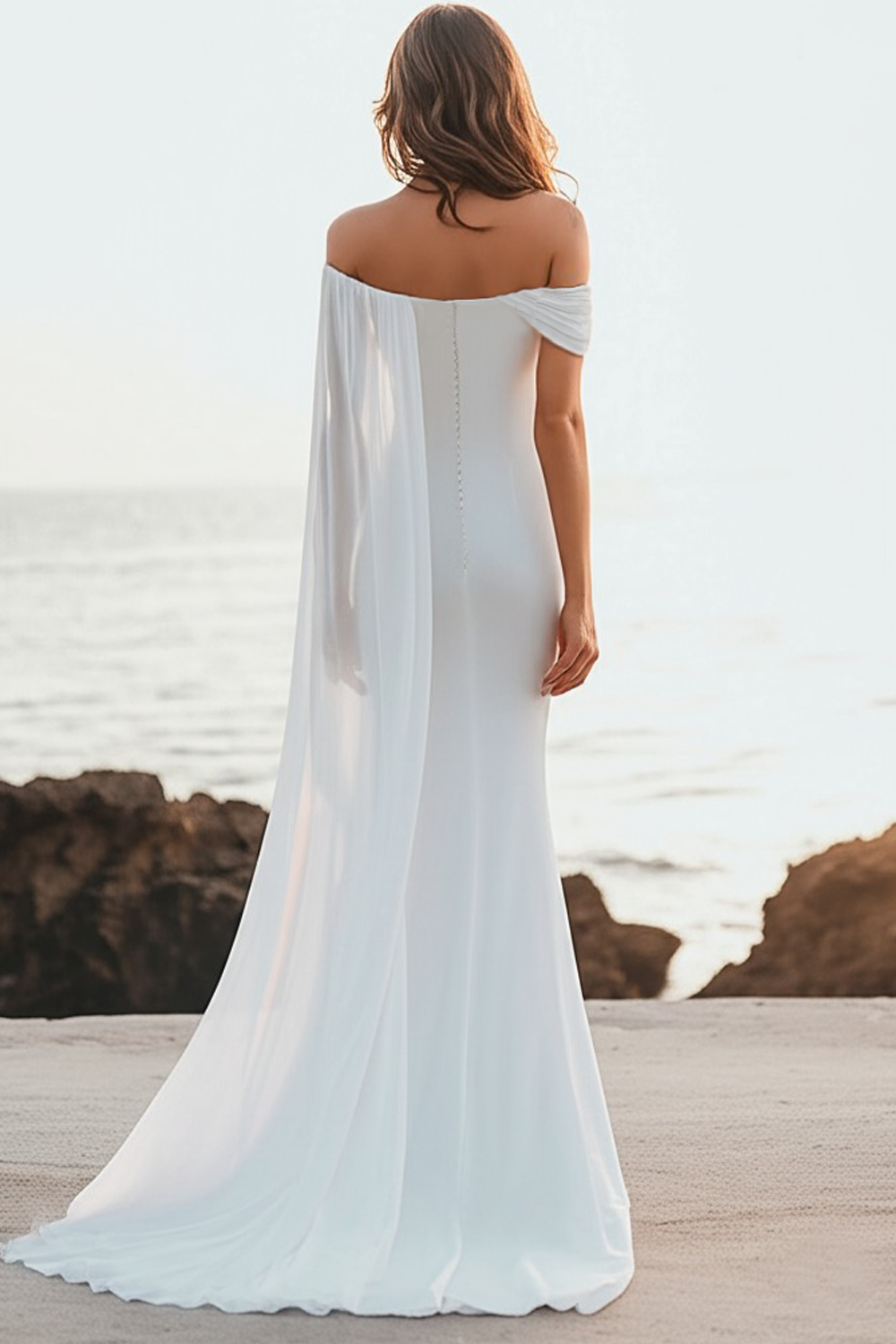 Off The Shoulder Mermaid White Wedding Dress with Streamer