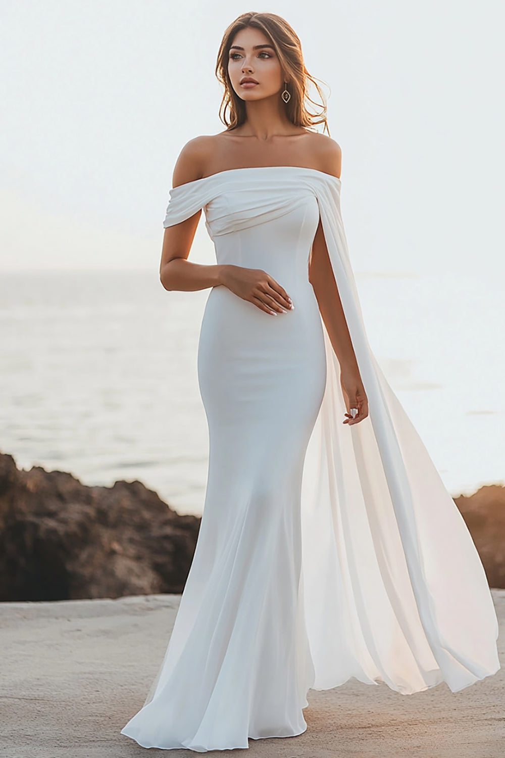 Off The Shoulder Mermaid White Wedding Dress with Streamer