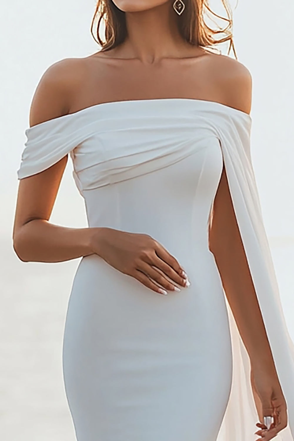 Off The Shoulder Mermaid White Wedding Dress with Streamer