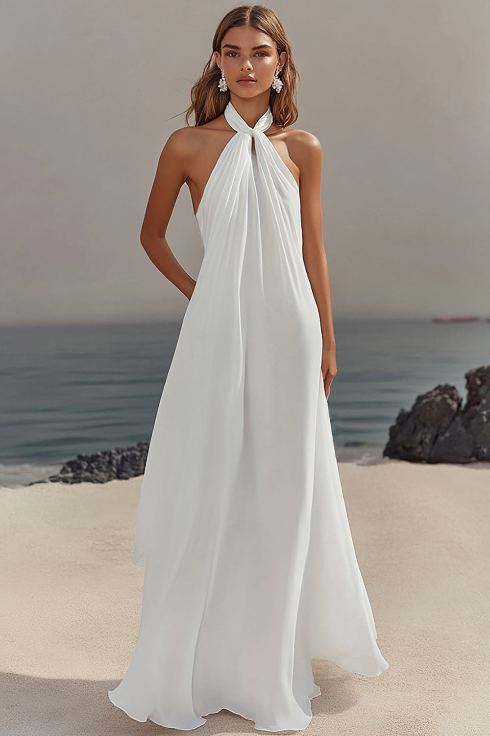 Halter White A-Line Maxi Engagement Dress