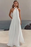 Halter White A-Line Maxi Engagement Dress