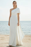 One Shoulder White Sheath Satin Engagement Dress