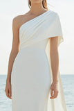 One Shoulder White Sheath Satin Engagement Dress