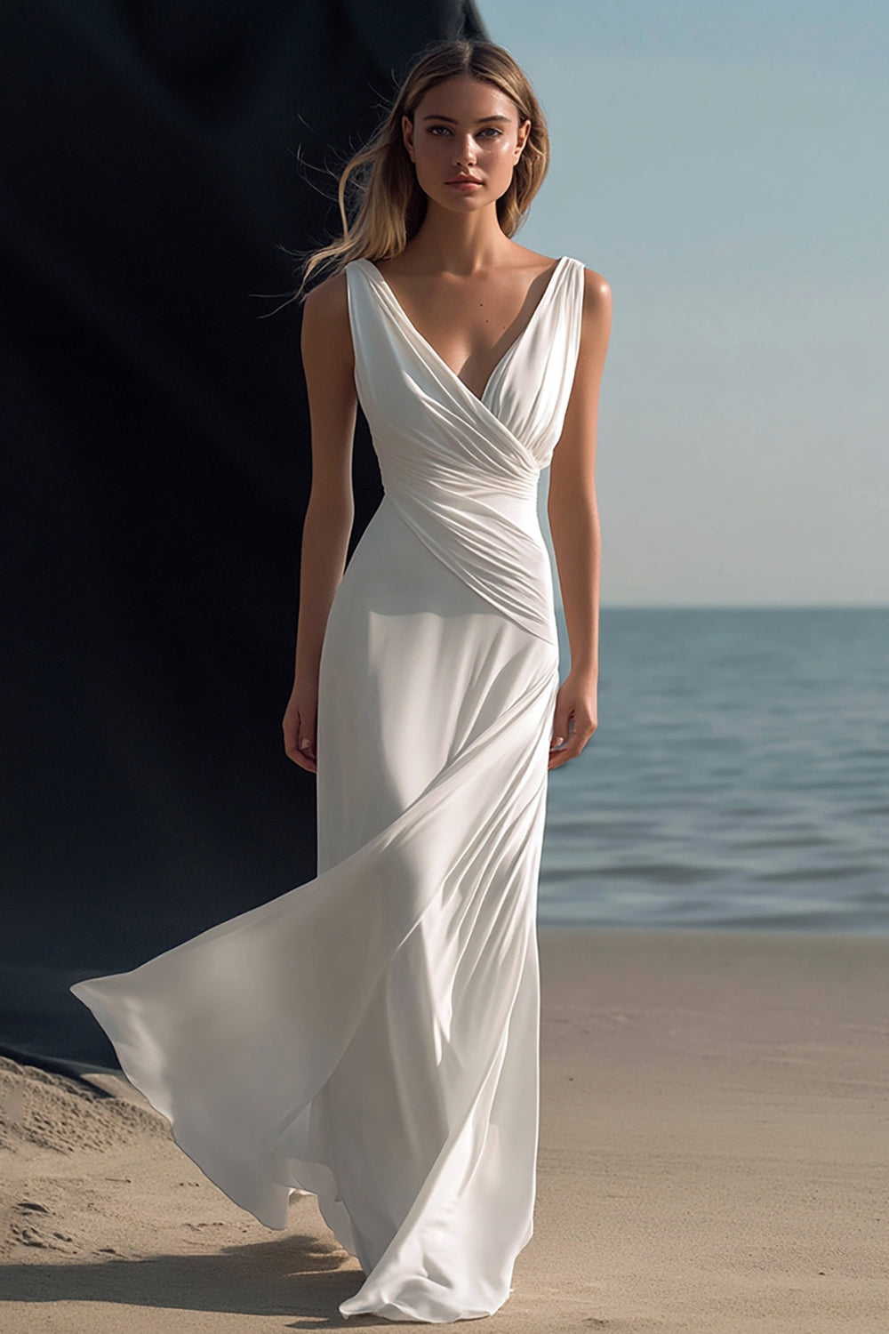 Simple White V-Neck Sheath Engagement Dress