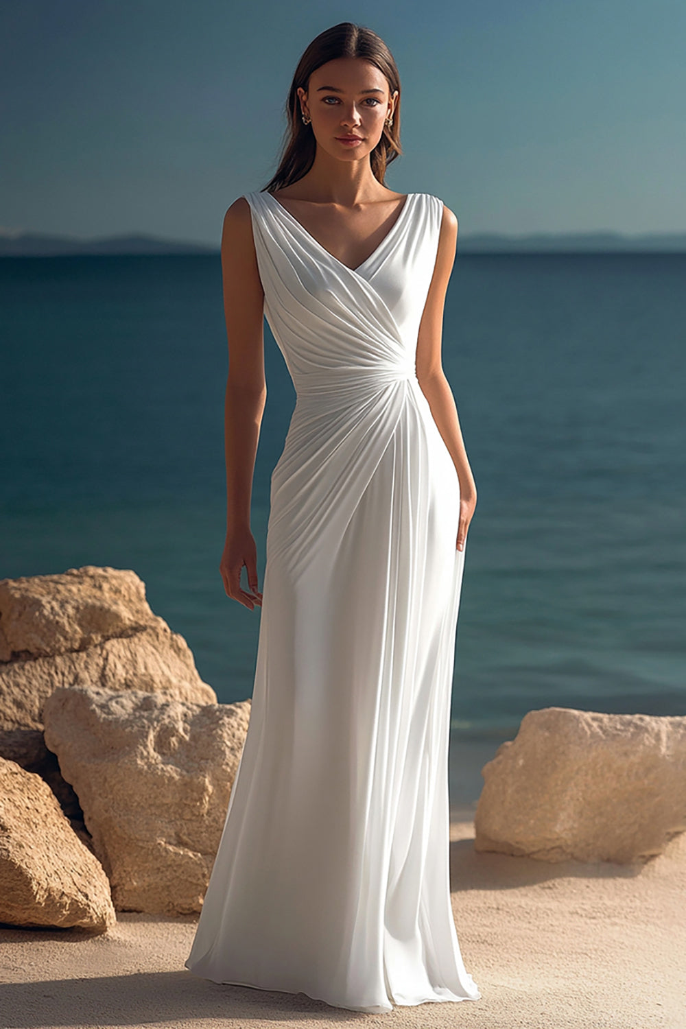 Stylish White V-Neck Chiffon Ruched Engagement Dress