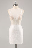 White Bodycon V Neck Mini Graduation Dress With Sequins