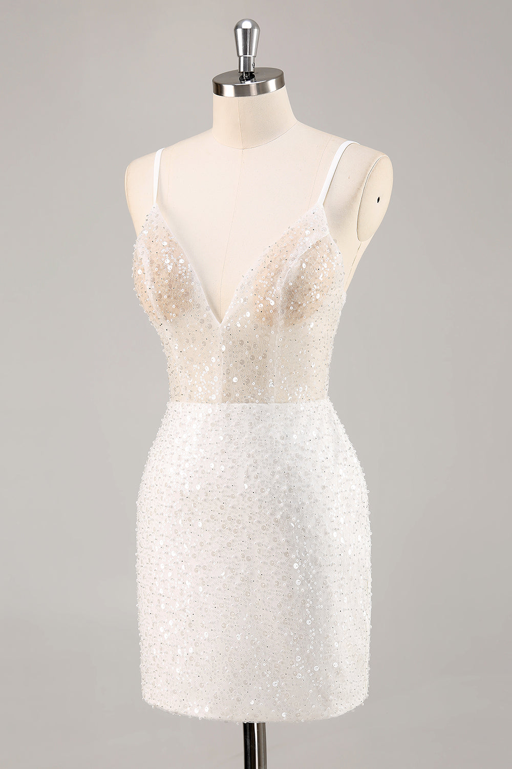 White Bodycon V Neck Mini Graduation Dress With Sequins