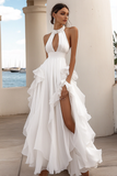Halter White Keyhole Ruffled Engagement Dress With Slit