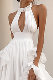 Halter White Keyhole Ruffled Engagement Dress With Slit