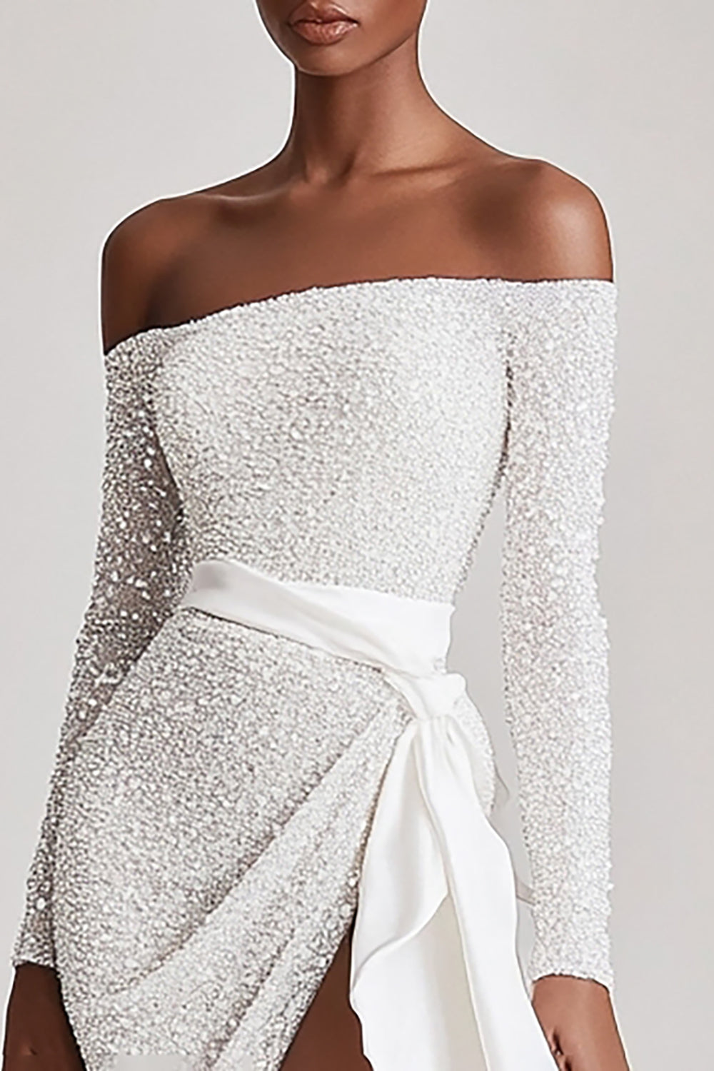 Off The Shoulder Sequins Little White Dress with Long Sleeves
