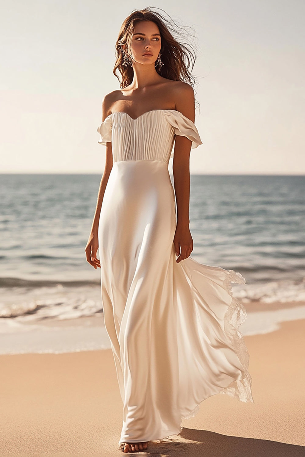 Off The Shoulder Sheath Satin White Maxi Dress