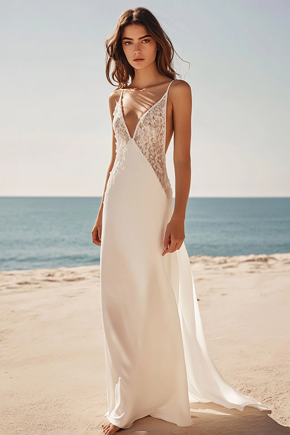 Spaghetti Straps Sheath Satin Lace White Maxi Dress