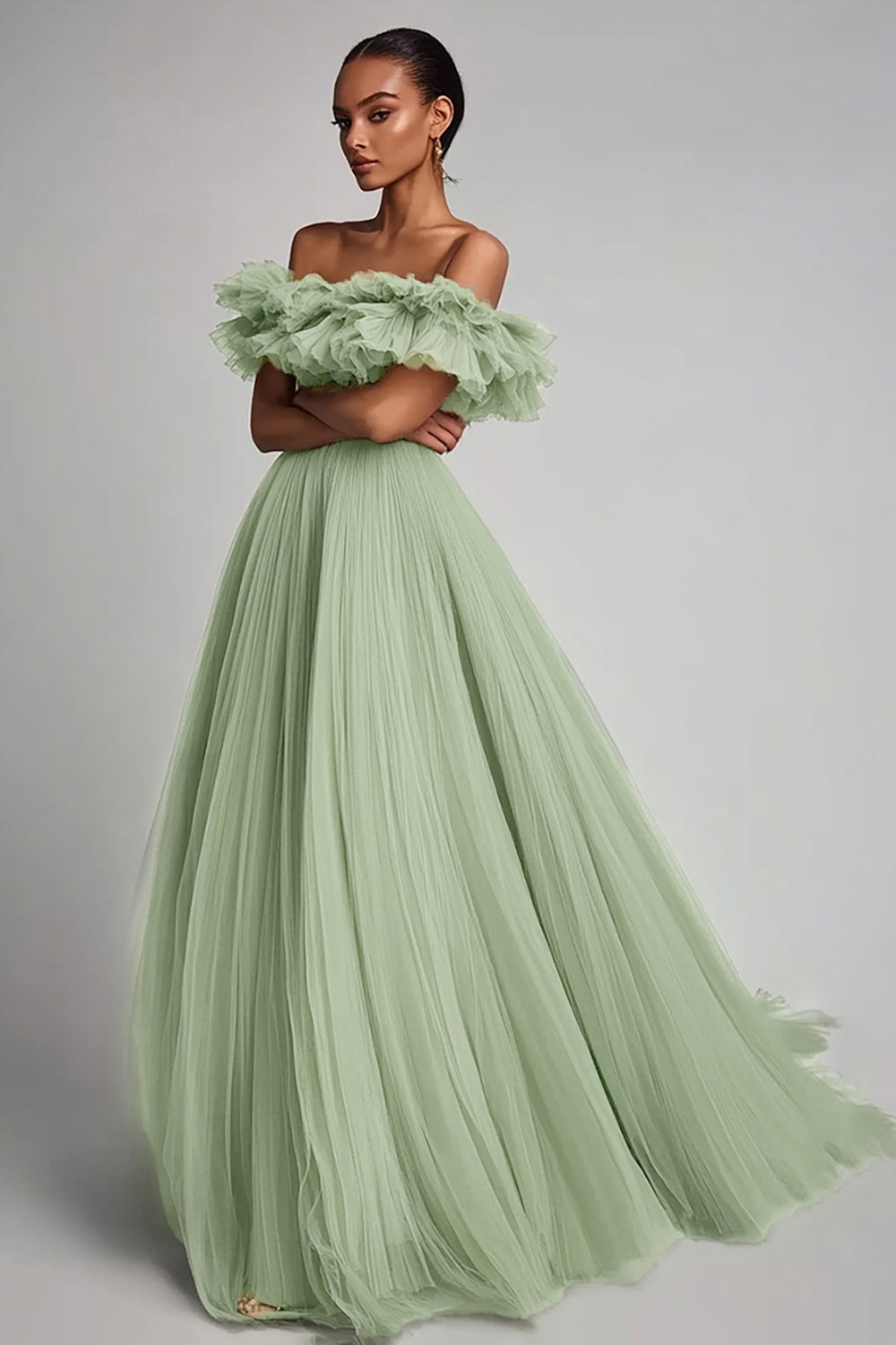 Dusty Sage Off The Shoulder A-Line Maxi Prom Dress With Ruffles