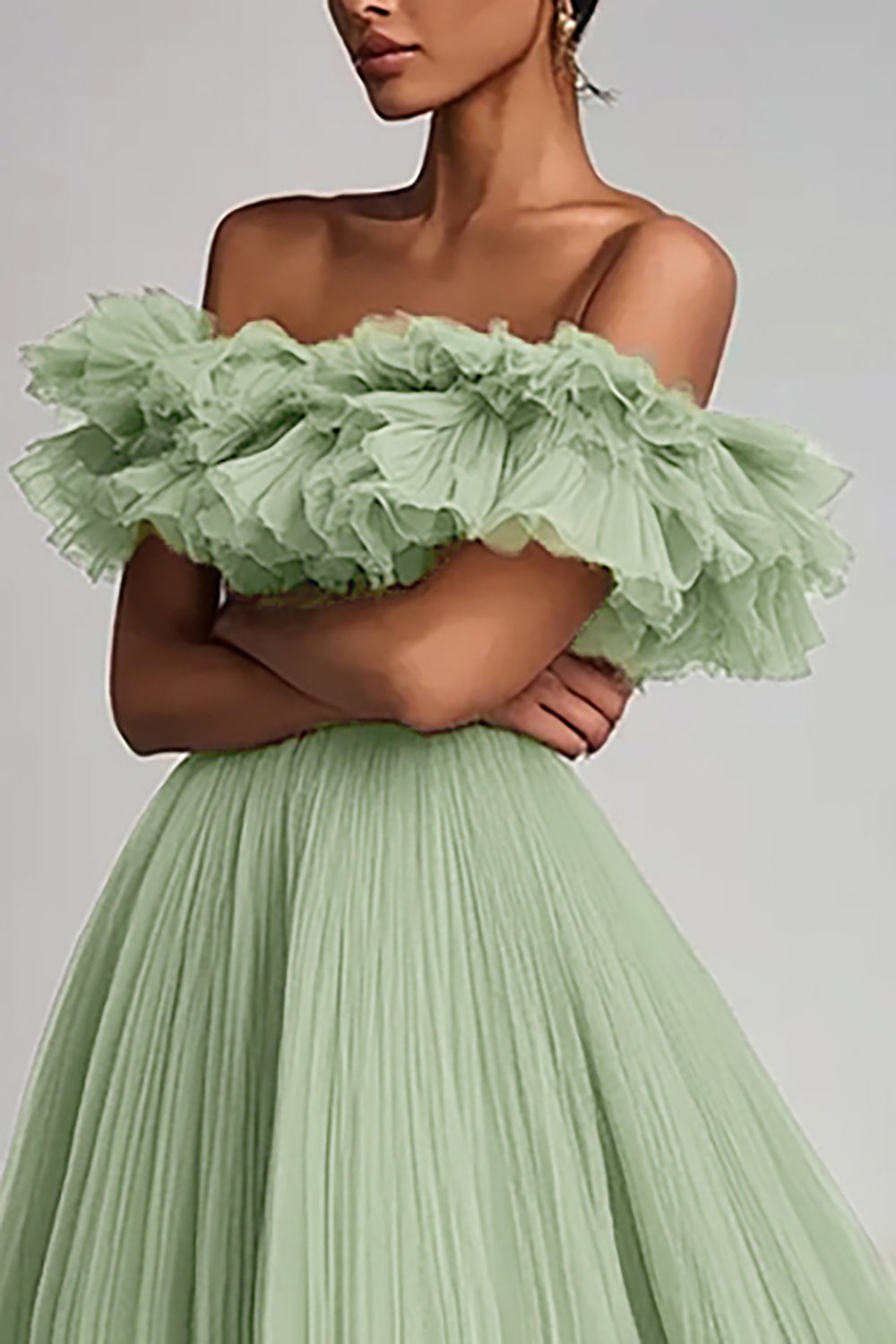 Dusty Sage Off The Shoulder A-Line Maxi Prom Dress With Ruffles