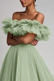 Dusty Sage Off The Shoulder A-Line Maxi Prom Dress With Ruffles