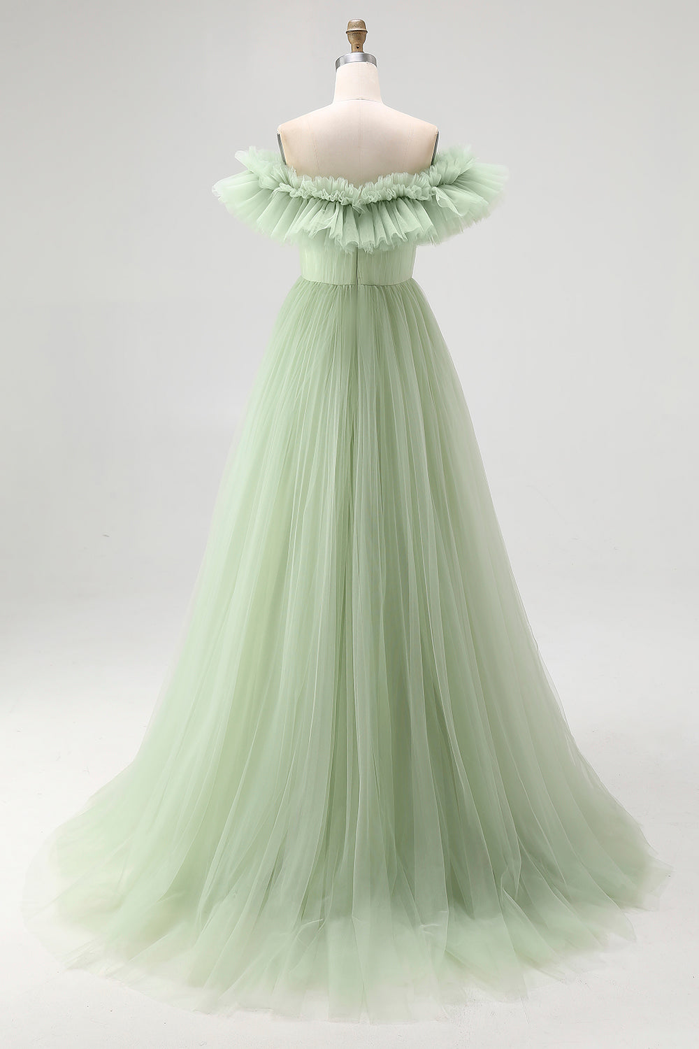 Dusty Sage Off The Shoulder A-Line Maxi Prom Dress With Ruffles