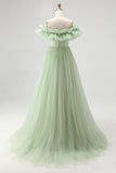 Dusty Sage Off The Shoulder A-Line Maxi Prom Dress With Ruffles