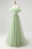 Dusty Sage Off The Shoulder A-Line Maxi Prom Dress With Ruffles
