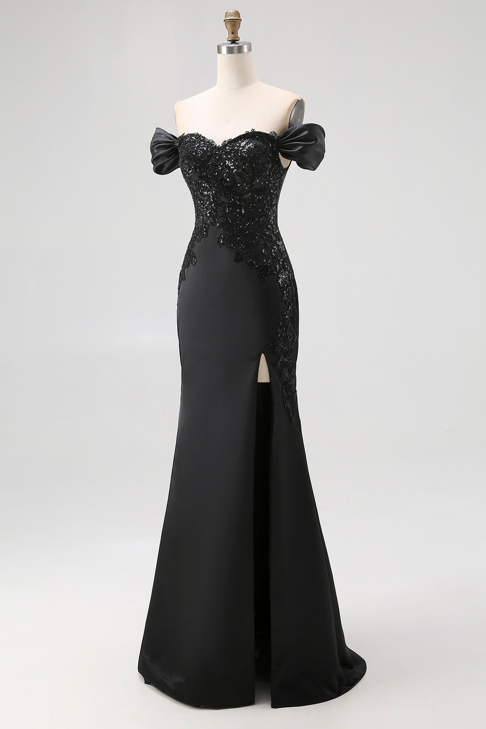 Off The Shoulder Sequin Sheath Blakc Tie Dress With Slit