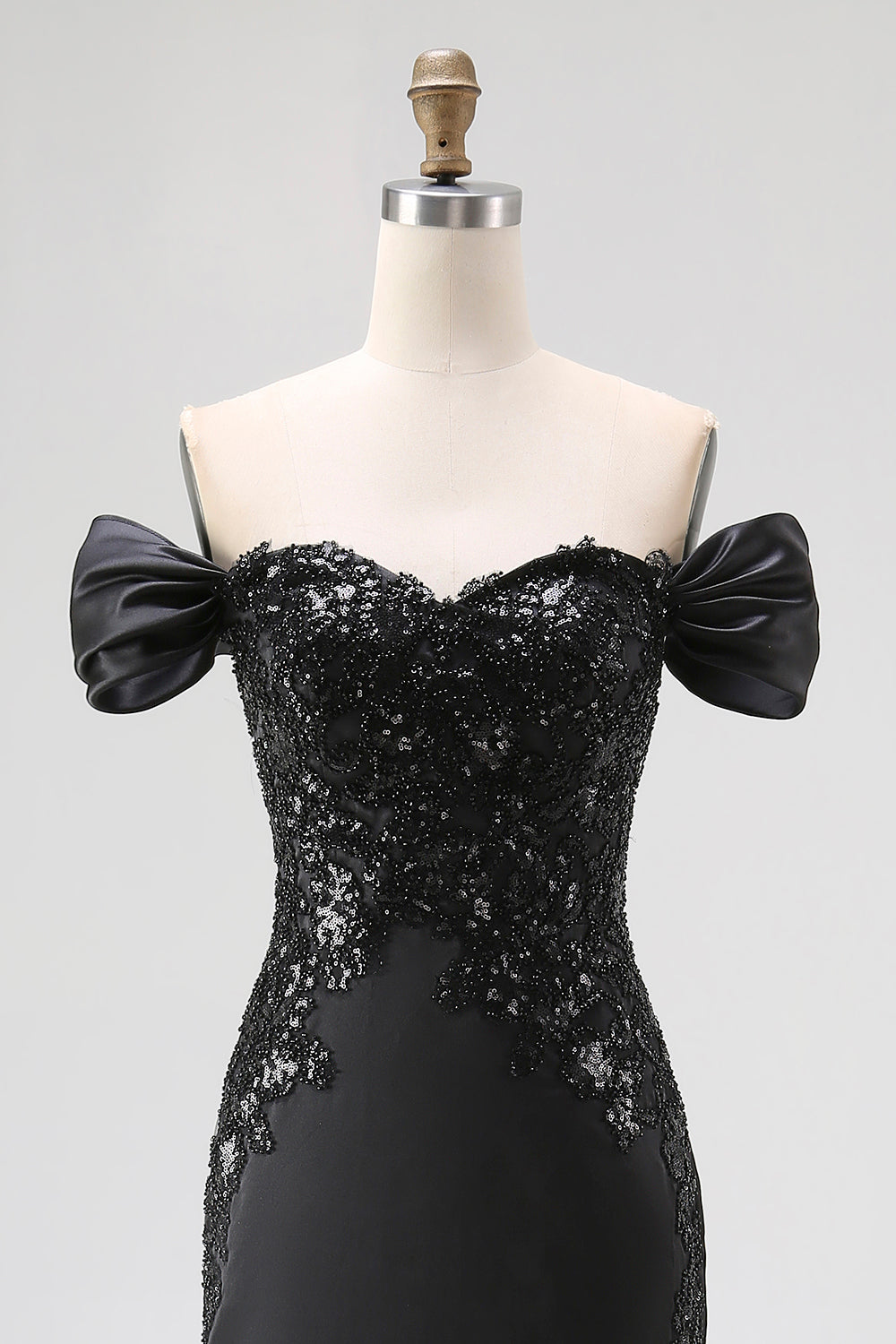 Off The Shoulder Sequin Sheath Blakc Tie Dress With Slit