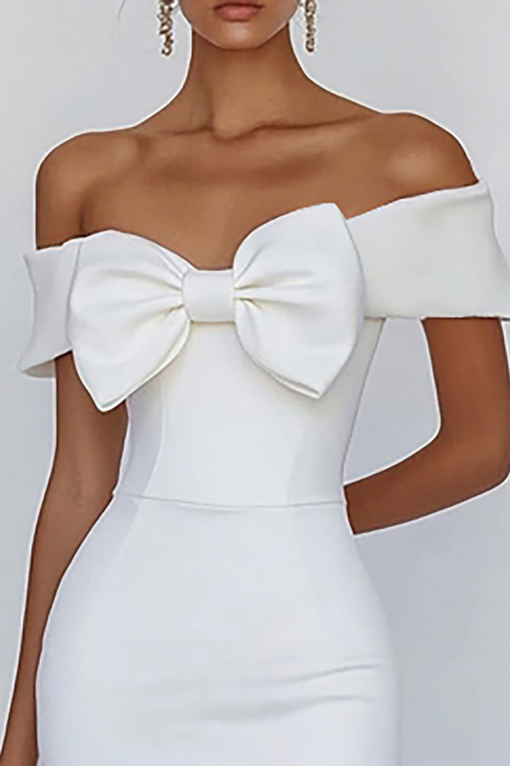 Off the Shoulder Bodycon White Graduation Dress with Bow