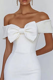 Off the Shoulder Bodycon White Graduation Dress with Bow