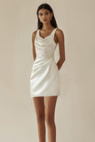 Satin White Bodycon Cowl Neck Graduation Dress
