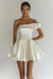 Chic White One Shoulder Ruffle Satin Graduation Dress