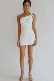 White Pleated One Shoulder Graduation Dress