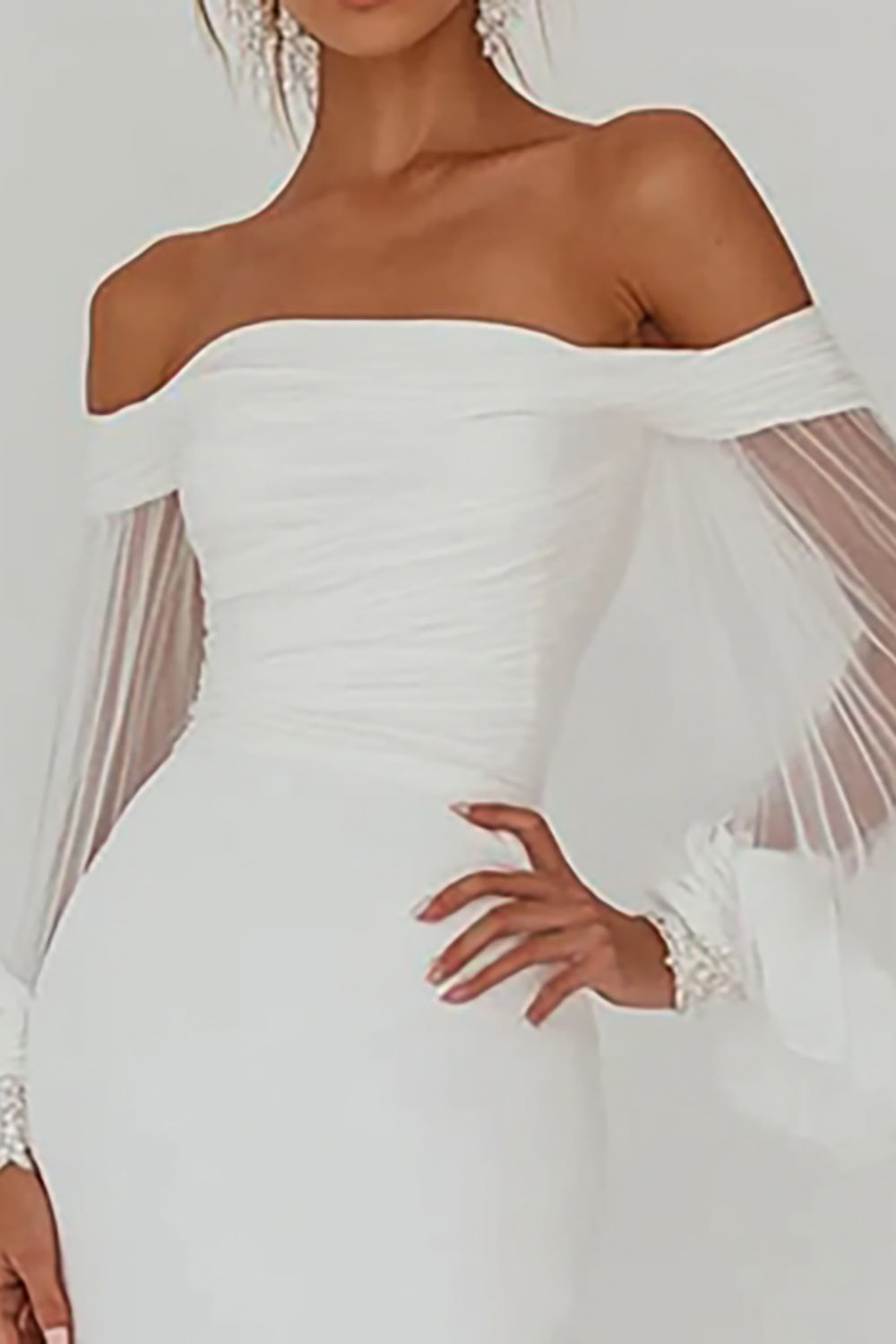 White Off the Shoulder Ruched Long Sleeve Graduation Dress