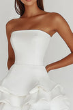 White Strapless A Line Tiered Satin Graduation Dress