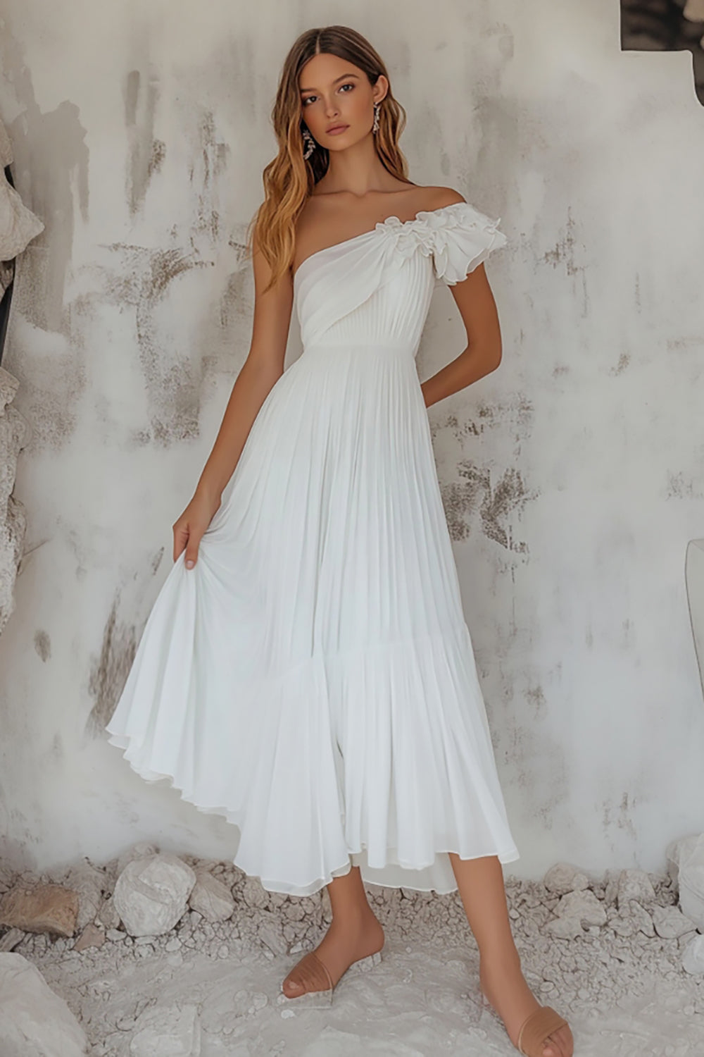 White One Shoulder Pleated A Line Chiffon Graduation Dress