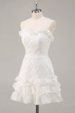 White A Line Strapless Mini Lace Graduation Dress